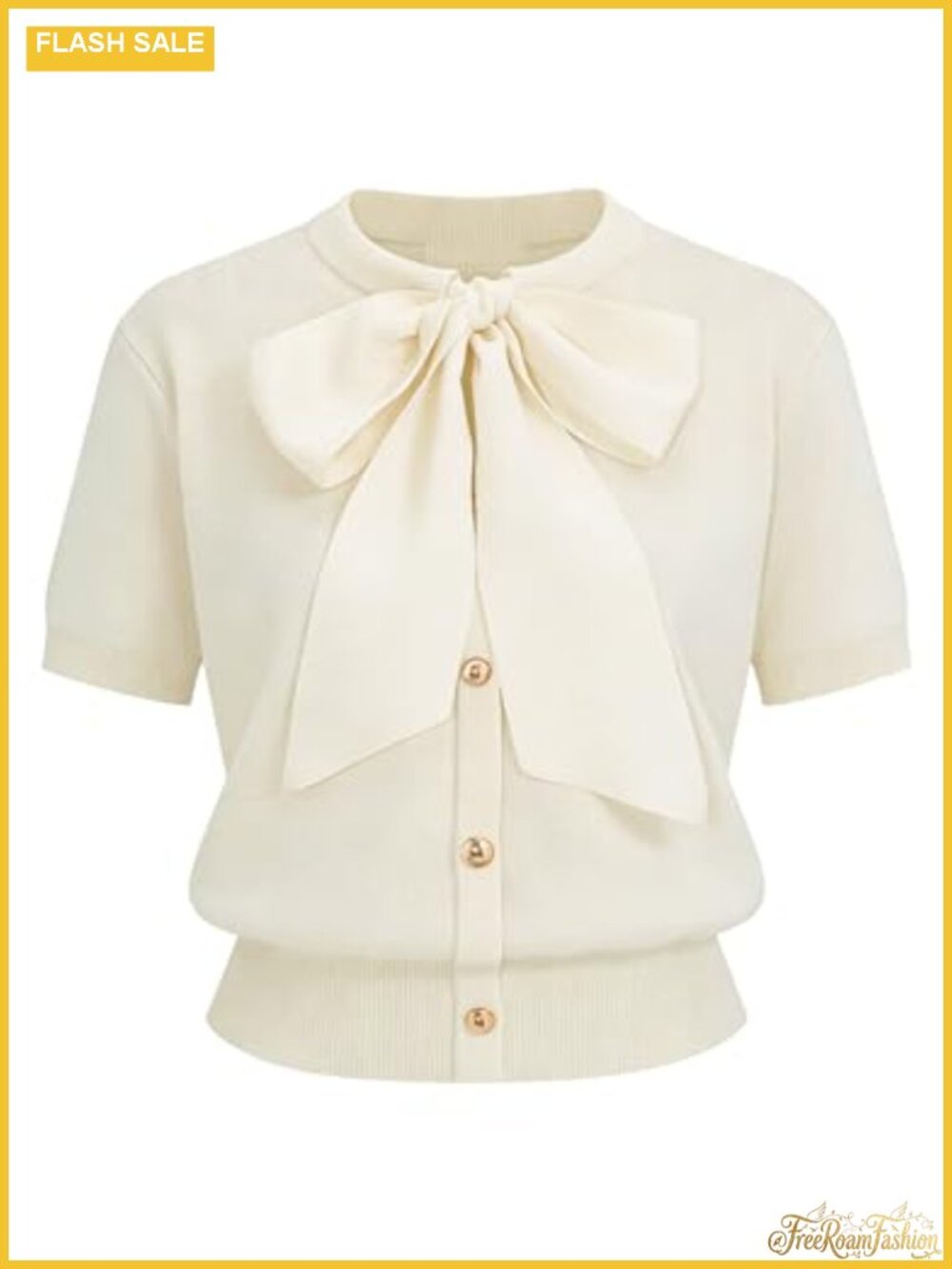 Satin Bow Short Sleeve Knit Cardigan Gold Metal Button Crew Neck Sweater Top
